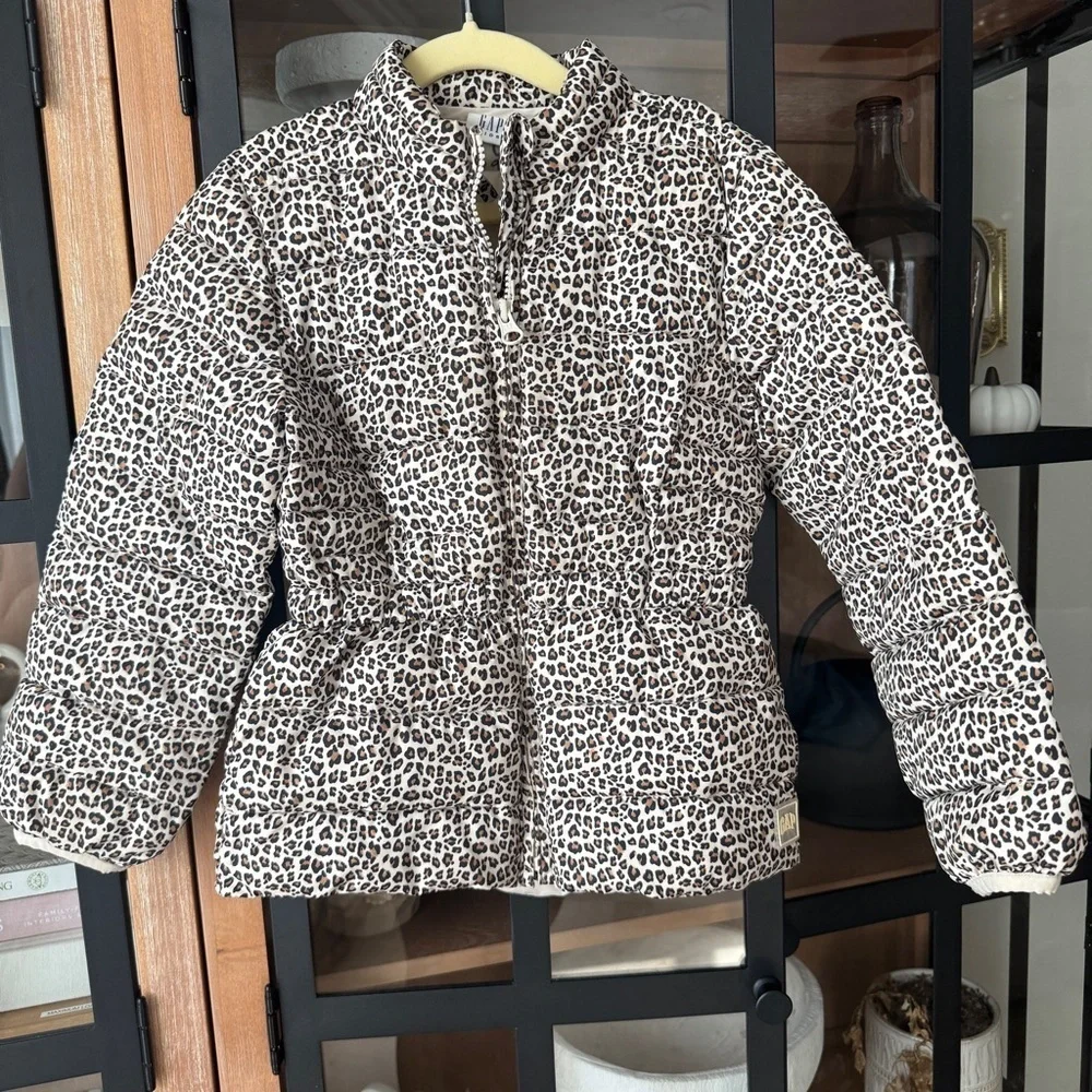 GAP Kids puffer jacket coat toddler girl leopard animal print cinched zipper up